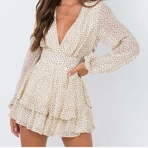 Japna Cream Polka Dots Long Sleeve Mini Dress with Ruffles